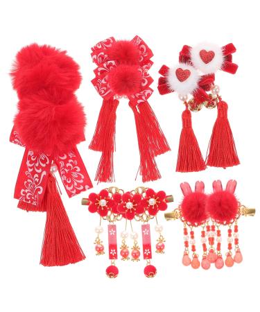FRCOLOR 5 Pairs Antique Red Hairpin New Year Tassel Bows Fringed Ribbon Girls New Year Hairpin Red Furry Balls Chinese Tassel Kids Clip Hanfu Flower Headpiece Hairy Alloy Child Hair Piece