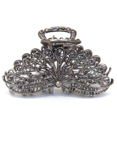 Metal hair claw Clip pin woman 3.5 inch XLarge elegant Peacock tail rhinestones crystal clip (black)