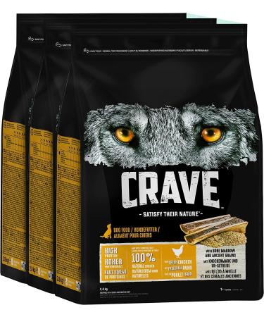 Crave premium dry food chicken with bone marrow and primeval cereals for dogs - grain -free adult dog food with high protein content - 3 x 2.8 kg chicken 8.4 kg (1 Pack)