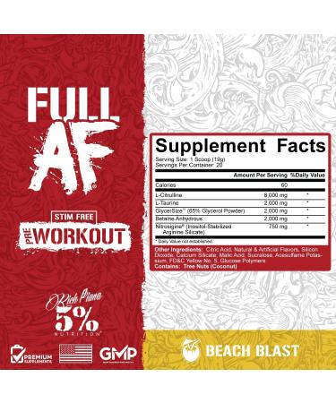 5% Nutrition Full AF Pre-Workout - Stim-Free Massive Pumps L-Citrulline L-Taurine Nitrosigine GlycerSize - 13.4oz Beach Blast | Shop Internationally - Buy Online on GoSupps.com