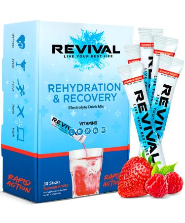 Revival Rapid Rehydration Electrolytes Powder - High Strength Vitamin C B1 B3 B5 B12 Supplement Sachet Drink Effervescent Electrolyte Hydration Tablets - 30 Pack Summer Fruits 30 Servings (Pack of 1) Summer Fruits