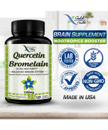 Quercetin 1000mg + Bromelain 300mg Supplement Complex - Cardiovascular & Respiratory Support - 120 Veggie Capsules - Buy Online on GoSupps.com