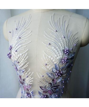 Phoenix Tail Flower Lace Fabric Gown Applique Set in Purple - DIY Wedding Dress Embroidered Patch - Buy Online on GoSupps.com