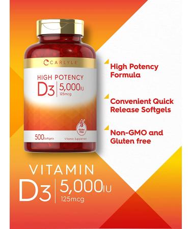 Buy Carlyle High Potency Vitamin D3 5000 IU - 500 Softgels | Immune Support & Bone Health - Buy Online on GoSupps.com