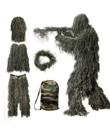 Ghillie Suit, 3D Camouflage Hunting Apparel Including Jacket, Pants, Hood, Carry Bag, Camo Hunting Clothes for Men, Hunters, Military, Sniper Airsoft, Paintball Medium or Large Woodland