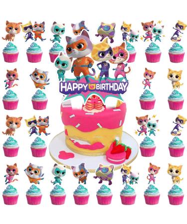 37Pack Super Kitty Cake Decorations Cartoon Super Cats Party Supplies with 36pcs Cupcake Toppers 1pcs Big Cake Topper for Super Kitty Cat Birthday Party Supplies