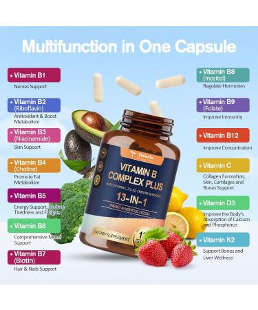 13-in-1 Vitamin B Complex Plus with Vitamin B1, B2, B3 (Niacinamide), B4, B5, B6, B7 (Biotin), B8 (Inositol), B9 (Folate), B12, C, D3, K2 - Energy, Nerve, Immune, Skin Support - 120 Vegan Capsules - Buy Online on GoSupps.com