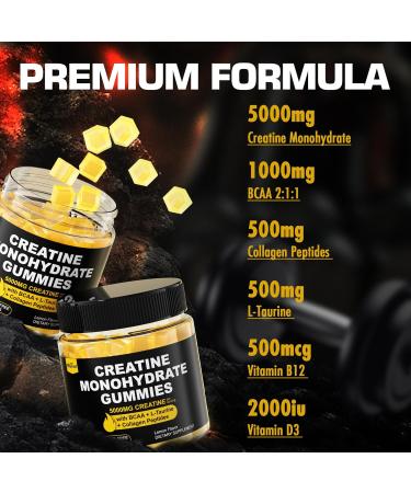 Creatine Monohydrate Gummies for Men & Women - with BCAA Collagen Peptides L-Taurine Vitamin B12 D3 Creatine Monohydrate 5000mg (5g) Per Serving Lemon Flavor Sugar Free 1 Pack 60 Count (Pack of 1) - Buy Online on GoSupps.com