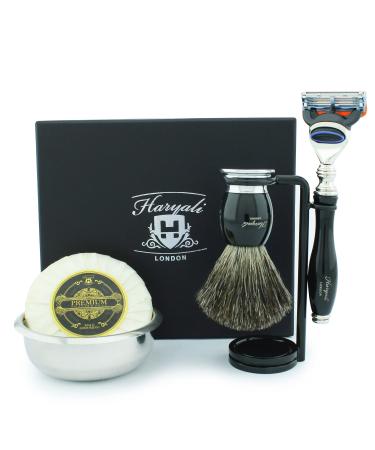 5 Pc Mens Shaving Kit 5 Edge Razor With Black Badger Hair Shaving Brush Stand Soap and Stainless Steel Bowl Perfect Set For Men