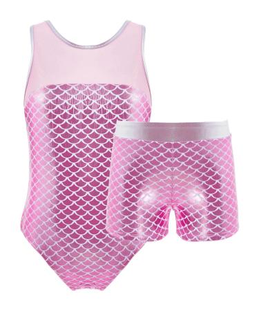 Hedmy Kids Girls 2Pcs Gymnastic Dancewear Sleeveless Leopard One Piece Dance Leotard and Shorts Outfit Light_pink 8 Years
