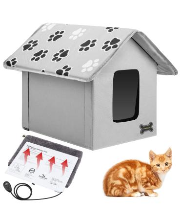 Outdoor/Indoor Heated Cat House, Petfactors Cat Bed with 7-Level Controller DC Low Voltage Safe Electric Heated Pad, Pet House Cat Beds with Thermostat and Adapter - Camo Color, 22"L x 18.5"W x 16.5 Gray