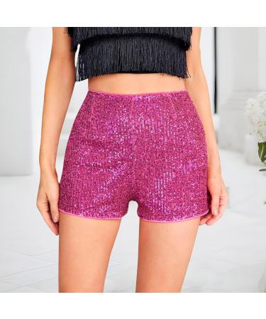 Duohropke Women's Metallic Hot Pants Glitter Sequins High Waist Shorts for Dance Disco & Carnival - Hot Pink - Buy Online on GoSupps.com