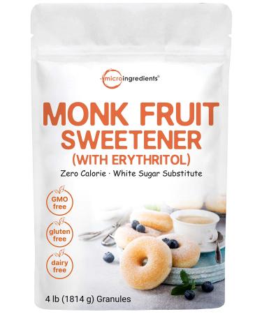 Monk Fruit Sweetener with Erythritol Granules, 4 Pounds, No After Taste, 1:1 White Sugar Substitute, Keto Diet Friendly, Zero Calorie, Natural Sweetener for Drinks, Coffee, Tea, Cookies, No-GMO, Vegan