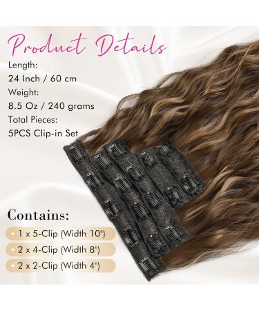 REECHO 5PCS Clip in Hair Extensions 24 Thick Long Loose Waves - Chocolate Brown with Blonde Highlights - Buy Online on GoSupps.com