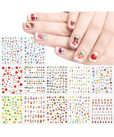 JSRQT 12 Sheets Nail Stickers Cute for Kids and Little Girls Self Adhesive Nail Art Stickers for Women Colorful Mermaid Flower Leaves Fruits Design Nail Sticker Supplies for Nail Art Decoration