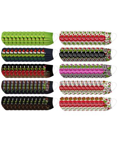 100Pcs Kids Grinch Disposable Face_Mask - Christmas Childrens Face_Mask Assorted Colors Design Boys Girls 3-Ply Face_Covering (Grinch C)