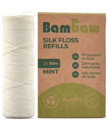 Bambaw Silk Floss Refill | Non Plastic Dental Floss | Eco Floss | Biodegradable Dental Floss | Dental Floss Tape | Bio Silk Dental Floss | Mint Dental Floss | 2x50 Meter Refill Silk Floss | 2 Refills