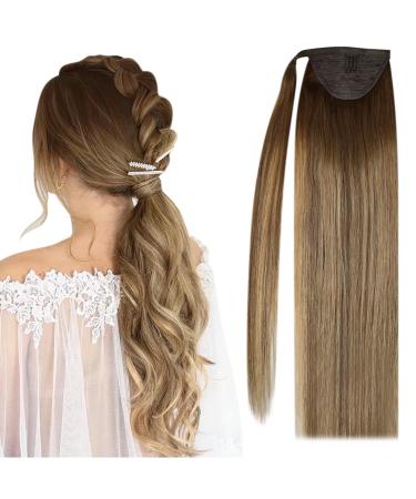 Vesunny 70g Ponytail Extension Human Hair for Women Dark Brown Ponytail Human Hair Extensions Wrap Around Ponytail Real Hairpiece Balayage Dark Brown Ombre Caramel Blonde 16inches 16 Inch #bala 4/27/4
