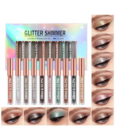 10 Colors Liquid Glitter Eyeshadow Set, Metallic Glitter Shimmer Smokey Eye Looks Waterproof Long Lasting Quick-Drying Sparkling Eye Shadow Makeup Kits Set A