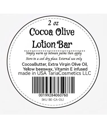 TariaCosmetics Cocoa Olive Lotion Bar 2 oz Natural with Cocoa Butter Extra Virgin Olive Oil Vitamin E - Buy Online on GoSupps.com