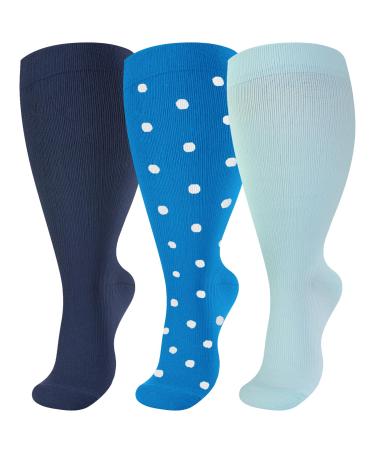 Wide Calf Compression Socks Extra Plus Size Women&Men 3 Pairs Knee High 20-30mmHg Support Nurse Doctor Hiking Yogo 3X-Large D-bluepoint