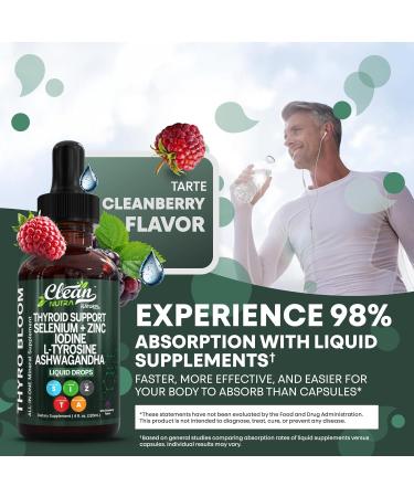 Clean Nutra Thyroid Support Drops Selenium Zinc Iodine L Tyrosine KSM66 Ashwagandha Vitamin D3 B12 A C Turmeric Kelp Schisandra Guggul Cayenne Basil Liquid Supplement Folate Copper Thyro Bloom Drop Wild Berry - Buy Online on GoSupps.com