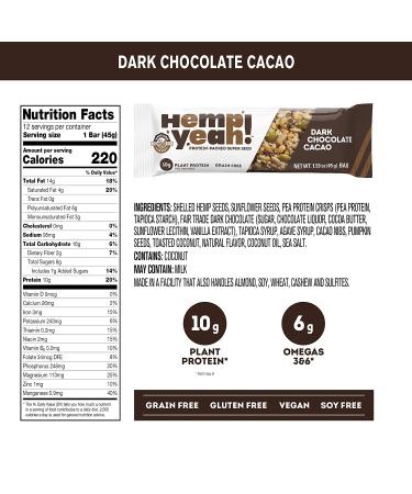 Buy Manitoba Harvest Hemp Yeah! Dark Chocolate Cacao Protein Bars - 12 Pack (1.59 oz Each) - Healthy Snack Option - Buy Online on GoSupps.com