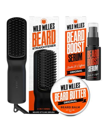 Wild Willies Beard Care Kit: Beard Butter Boost Serum Straightener Brush for Thicker Fuller Hair Beard Straightener and Essentials Kit