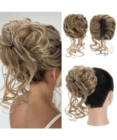 S-Noilite Claw Clip Messy Bun Hair Pieces Tousled Updo Hair Bun Hair Chignon Curly Wavy Hair Scrunchies Synthetic Ponytail Hair Extensions for Women - Light Brown & Ash Blonde 12H24
