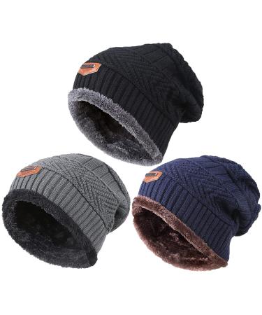T WILKER 2Pcs Kids Winter Knitted Hats+Scarf Set Warm Fleece Lining Cap for 5-14 Year Old Boys Girls 3 Hat (Black,grey,blue)