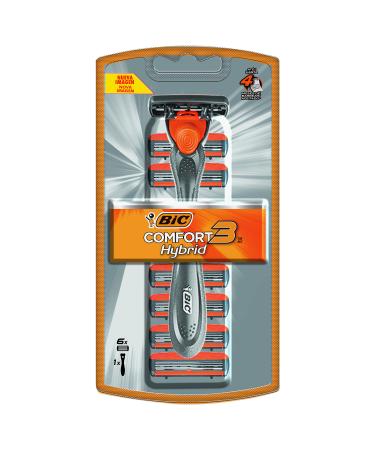 BIC Comfort 3 Hybrid Men's Disposable Razor, 3 Blades, 6 Cartridges and 1 Handle, Black, For a Close and Comfortable Shave 10 Piece Set