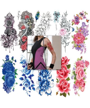 10 Sheets Large Rose Peony Flowers Temporary Tattoo Sleeves For Women Girls Waterproof Colorful Tattoo Stickers Blossom Lady Shoulder Tatoos Leaf Sexy Arm Body Watercolor Pattern. Color2