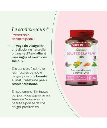 SUPERDIET - ORGANIC SKIN BEAUTY QUARTET - Burdock Nettle Dandelion Carrot -Phytotherapy -Made in France - 150 capsules - Buy Online on GoSupps.com