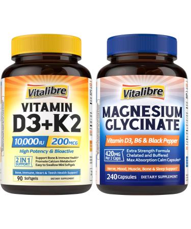 Vitalibre Vitamin D3 K2 Supplement 10000 IU 90 Softgels and Magnesium Glycinate 420mg with Vitamin D3 & B6 240 Capsules