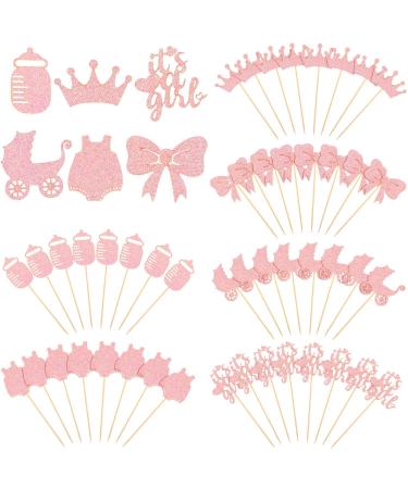 48 Pieces Baby Shower Cupcake Toppers for Girls Glitter Pink Baby Girl Food Picks Baby Shower Toothpicks for Girls Birthday Cake Decorations Party Favors Supplies