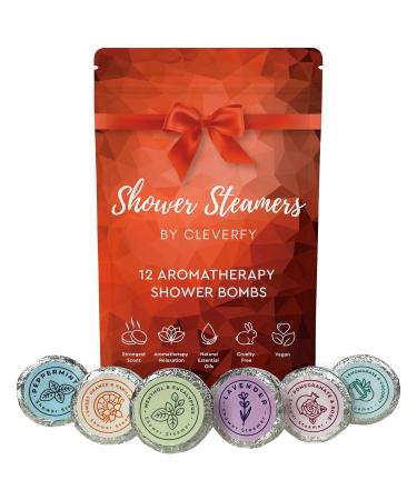 Cleverfy Shower Steamers Aromatherapy - Pack of 12 Shower Bombs with Essential Oils. Red Set: Peppermint, Lavender, Pomegranate & Rose, Vanilla & Orange, Menthol & Eucalyptus, Lemongrass & Coconut Red 12-pack