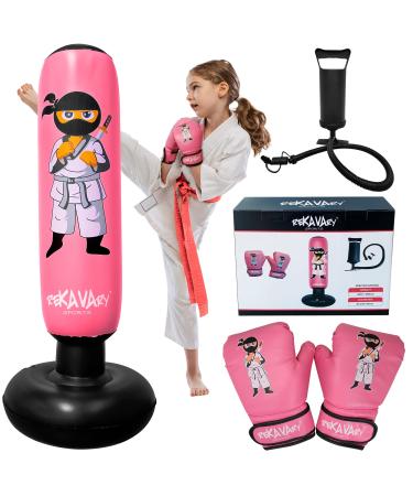 Punching Bag for Kids - 5' 3" Ninja Kids Inflatable Punching Bag Combo Kit with Kids Boxing Gloves, a Pump and Repair Kit. Boxing Bag for Immediate Bounce Back Pink