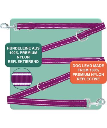 Premium 2m Reflective Dog Leash | Adjustable 3-Way Design for All Dog Sizes | Durable Nylon | Doubleein Dog | Multiple Colors Available | Lila S - 1.5 x 200 cm - Buy Online on GoSupps.com