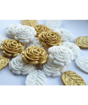 12x White Gold Roses Leaves Cake Toppers Edible Birthday Christening Gold Wedding Anniversary Cake Decorations Sugar Flowers Cupcake Toppers - Buy Online on GoSupps.com