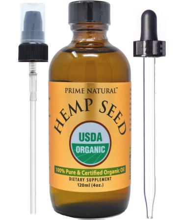 Prime Natural Organic Hemp Seed Oil 4oz - USDA Certified - Sativa Oil - Pure, Cold Pressed, Virgin, Unrefined, Vegan, Food Grade - High Omega 3 6 9 Fatty Acids - Good for Face, Body, Skin & Hair Care