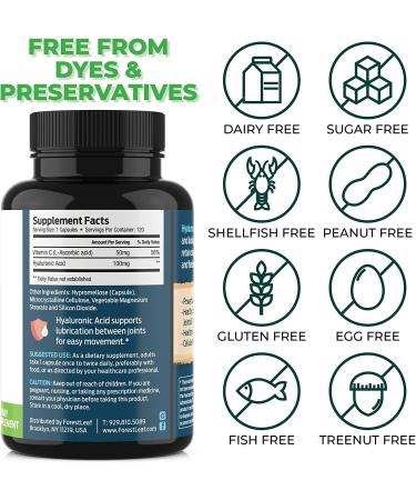 Forest Leaf Hyaluronic Acid Supplements 120 Capsules - 100mg HA + 50mg Vitamin C Anti-Aging Formula - Skin Hydration, Joint & Bone Support - Buy Online on GoSupps.com