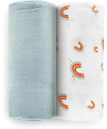 Fern & Avery Swaddle Blankets - Gender Neutral Muslin Swaddles for Baby Boy or Girl - Set of 2 Rainbow Blue Newborn Essential Receiving Blankets - Buy Online on GoSupps.com