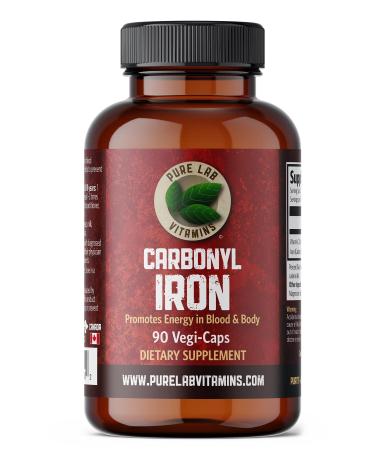 Carbonyl Iron - 90 Vegan Caps by Pure Lab Vitamins - Unique Formulation of Metallic Iron with VIT C Superior Bioavailability - Non-Constipating Supports Red Blood Cell Formation Made in Canada