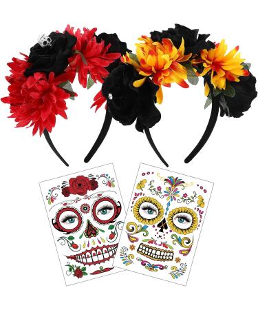 FRCOLOR 2Pcs Day of The Dead Headband with Mexican Flower Crown and Halloween Tattoos - Red and Orange - Buy Online on GoSupps.com