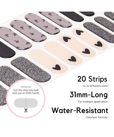 NAILOG Halloween Semi Cured Nail Strips - 20 Extra Long Gel Strips - Buy 3 Get 1 Free UV Lamp - Glossy, Long Lasting Nail Polish Stickers with Soft Gel Finish - Black Heart Design - Buy Online on GoSupps.com