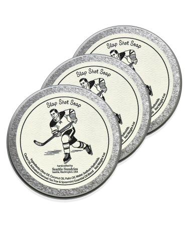 Slap Shot Hockey Soap - 3x (4oz) Hand Made Odor Fighting Charcoal Bar Soap in a Low Waste Travel Tin - Hockey Coach Gift Idea Pack Bundle Set