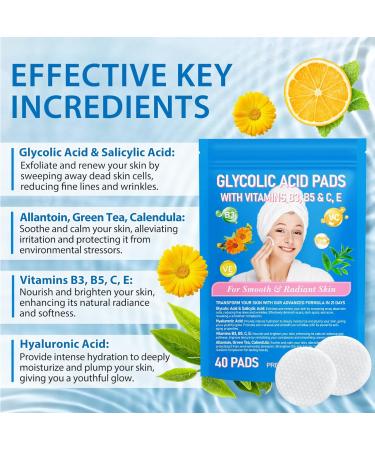 40pcs Glycolic Acid Pads for Face & Body - Exfoliating Peeling Pads with Vitamins B3 B5 C & E - Reduce Fine Lines & Wrinkles - Collagen Renewal - Green Tea & Calendula - Buy Online on GoSupps.com