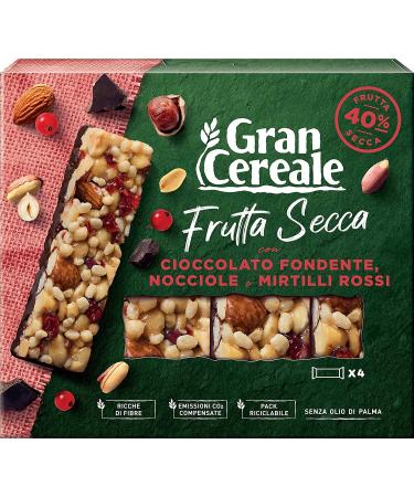 Gran Cereale, Snack Barrette di Frutta Secca Pack of 6 nut bars with dark chocolate, hazelnuts and cranberries 120 g