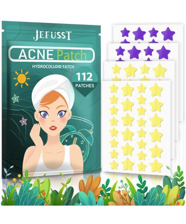 Jefusst Acne Pimple Patch 112 Counts Invisible Hydrocolloid Acne Patch with Tea Tree Oil & Calendula Oil Yellow & Purple Star-Shaped Acne Spot Healing Patch Zit Patches for Face