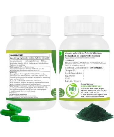  Morsan Healthcare Spirulina (Arthrospira platensis) Capsules | Pack of 60 x 500 mg Vegetarian Capsules | Natural Food Supplement | GMP Certified | Gluten-Free (120) - Buy Online on GoSupps.com